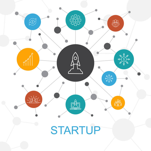 Start-up trendiges Webkonzept mit Symbolen. enthält Symbole wie Crowdfunding, Unternehmensgründung, Motivation, Produktentwicklung - Vektor, Bild