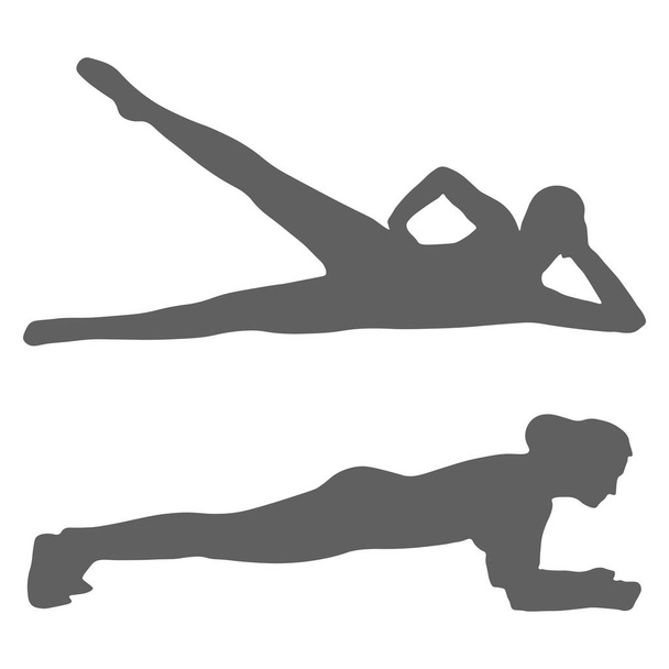 Σιλουέτα μιας γυναίκας που εκτελεί άσκηση γυμναστικής "σανίδα" και άσκηση για ένα εξωτερικό του μηρού. Κορίτσι υπαίθριες δραστηριότητες και υγιεινό τρόπο ζωής. Μεμονωμένο διάνυσμα σε λευκό φόντο. - Διάνυσμα, εικόνα