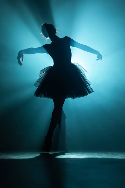 Young beautiful ballerina on smoke stage dancing modern ballet. Performs smooth movements with hands against spotlight background. Woman in black tutu costume on scene. - Fotoğraf, Görsel