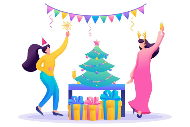 Young girls have fun near the Christmas tree, drink champagne. Flat 2D character. Concept for web design - Διάνυσμα, εικόνα