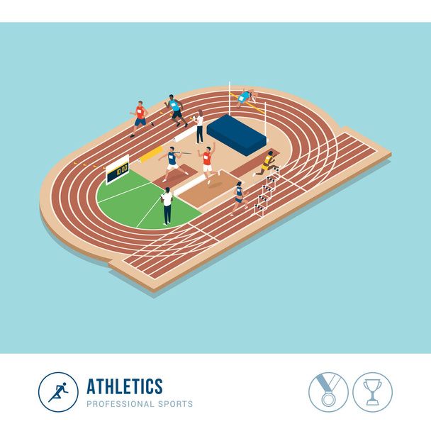 Competencia deportiva profesional: atletismo, atletas profesionales que actúan juntos
 - Vector, imagen
