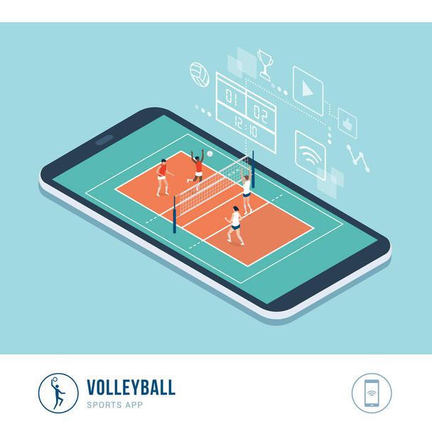Επαγγελματικός αθλητικός διαγωνισμός: αγώνας βόλεϊ με γυναίκες παίκτες, mobile app - Διάνυσμα, εικόνα