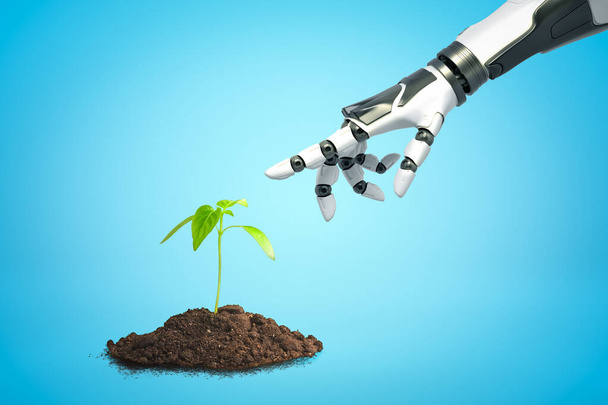 Robotic hand reaching to new green sprout on blue background - Foto, Bild