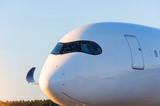 Vista lateral de cerca en la nariz y el ala de un avión de pasajeros al atardecer
. - Foto, Imagen