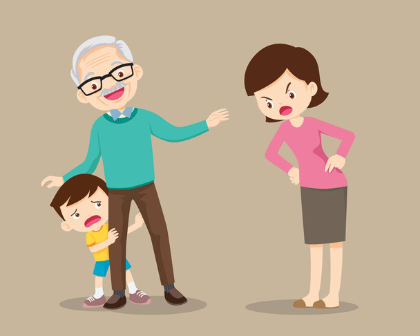 grandfather soothe child from mother scolding - Vector, Image