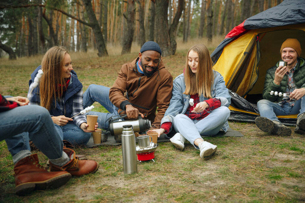 Group of friends on a camping or hiking trip in autumn day - Фото, изображение