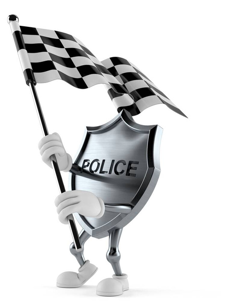 Police badge character waving race flag - 写真・画像