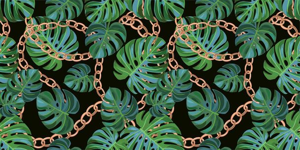 Trendy pattern with chains and tropical leaves. Vector seamless texture. - Vettoriali, immagini