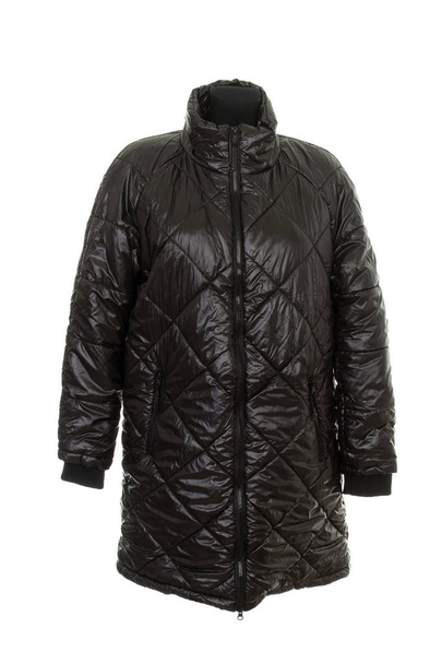 schwarze lange warme Jacke (synthetischer Wintermantel)) - Foto, Bild
