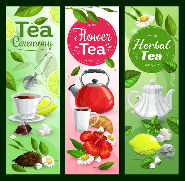 Teetassen, Blätter, Teekanne und Zucker - Vektor, Bild