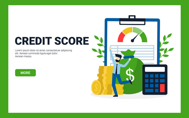 credit score klembord, gelukkig man, munten, rekenmachine - Vector, afbeelding
