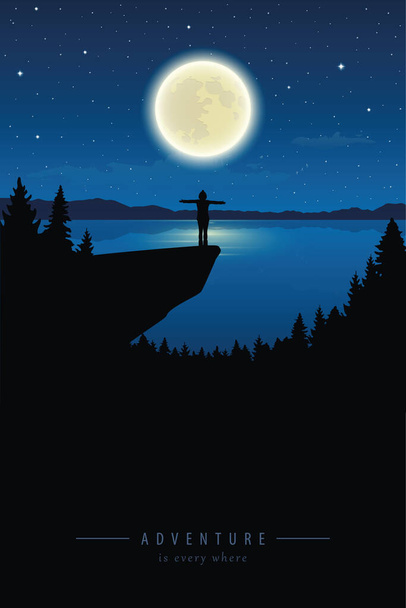 meisje met opgeheven arm op een klif genieten van de volle maan door meer - Vector, afbeelding