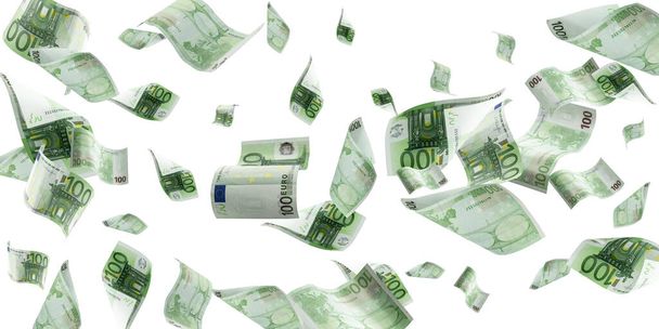 Monety euro spadające banknoty. Europejskie pieniądze na białą izolację. - Zdjęcie, obraz