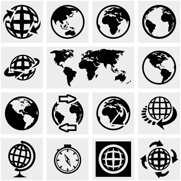 Globe föld vektoros ikonok beállítása, szürke. - Vektor, kép