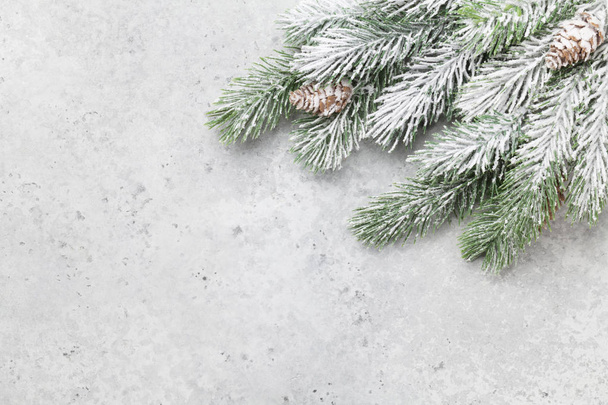Christmas greeting card with fir tree over stone background and copy space for your xmas greetings. Top view flat lay - Photo, Image