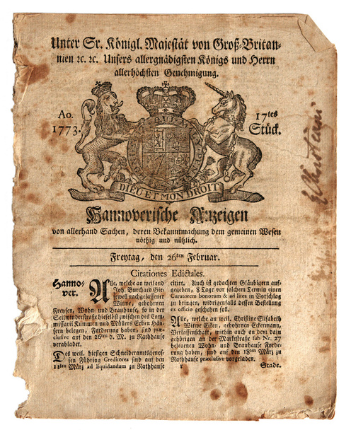 παλιό βρετανικό εμπόριο Εφημερίδα της 1773 - Φωτογραφία, εικόνα