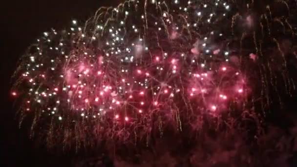 Éjszakai égbolt felett színes tűzijáték. - Felvétel, videó