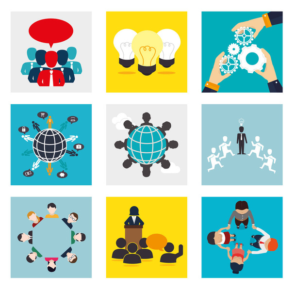 bundle teamwork scenes with people and icons - Vector, Image