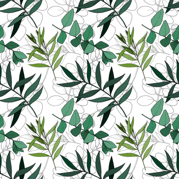 Vector Eucalyptus leaves branch. Black and white engraved ink art. Seamless background pattern. - Vector, Image