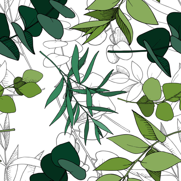 Vector Eucalyptus leaves branch. Black and white engraved ink art. Seamless background pattern. - Vector, imagen