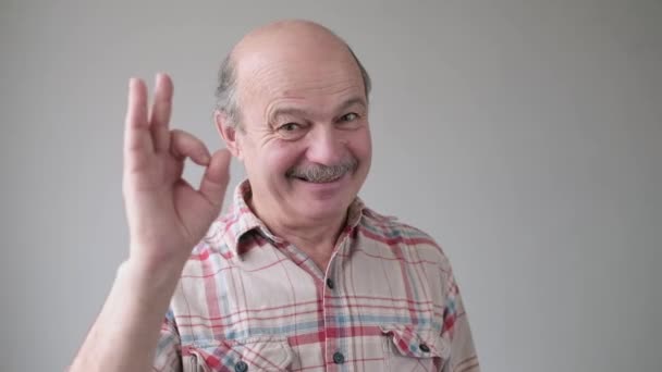 Vrolijk, vrolijk, glimlachend, senioren latino man met OK teken - Video