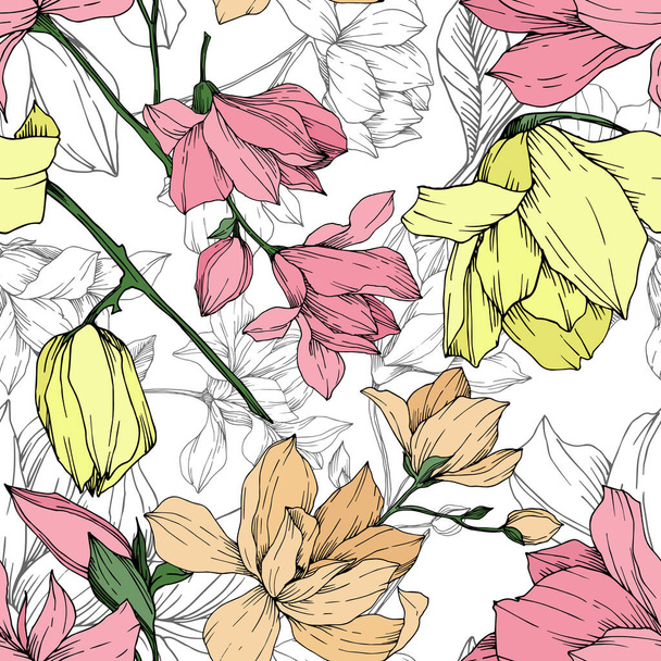 Vector Magnolia floral botanical flowers. Black and white engraved ink art. Seamless background pattern. - Vector, Image