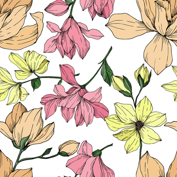 Magnolia vektor virágos botanikai virágok. Fekete-fehér vésett tinta művészet. Zökkenőmentes háttér minta. - Vektor, kép