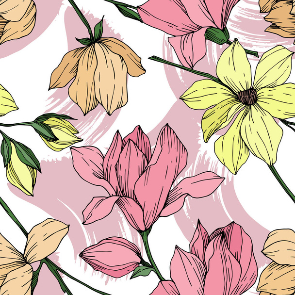 Vector Magnolia floral botanical flowers. Black and white engraved ink art. Seamless background pattern. - Vector, Image