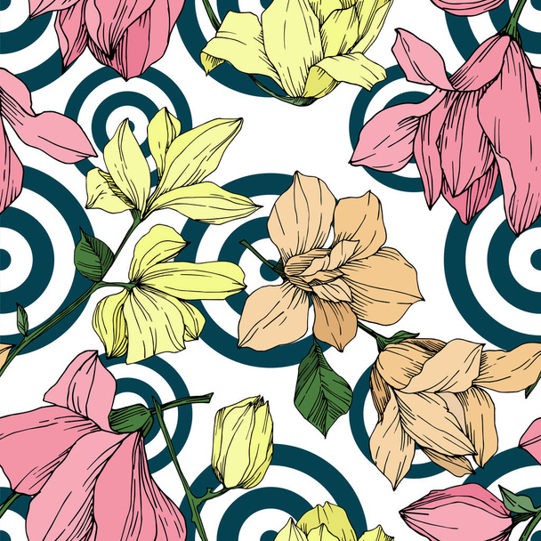 Vector Magnolia floral botanical flowers. Black and white engraved ink art. Seamless background pattern. - Vettoriali, immagini