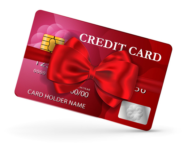 creditcard of betaalkaart kaart ontwerp met rood lint en boog - Vector, afbeelding