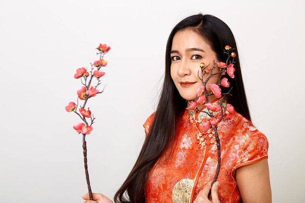 Woman in traditional chinese red dress with plum flowers - Photo, Image