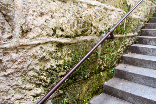 Close-up of a metal railing at a medieval stone staircase covered with green moss, selective focus - 写真・画像