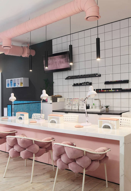 高級スタイリッシュな美容室のインテリア。ピンクのアームチェアとテーブル - 写真・画像