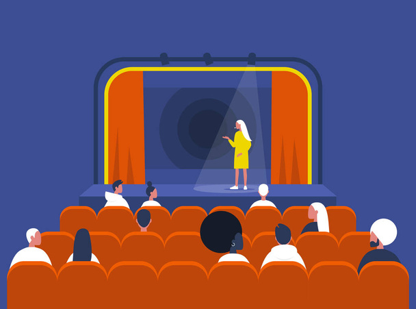 Развлечения и культура, Стенд-ап комедийное шоу, Молодая артистка выступает на сцене и зрители сидят в винтажном театре со старым интерьером моды
 - Вектор,изображение