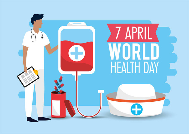 man doctor with blood donation to health day - Vector, Image