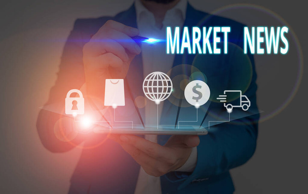 Escrevendo uma nota mostrando Market News. Foto de negócios mostrando Aviso Comercial Relatório Comercial Atualização de Mercado Insight Corporativo
. - Foto, Imagem