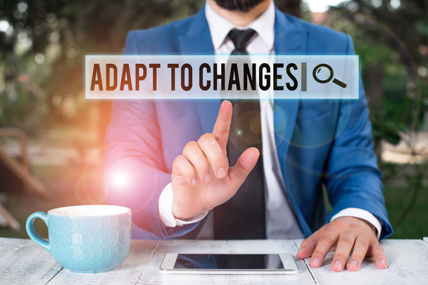 Handwriting text writing Adapt To Changes. Concept meaning Embrace new opportunities Growth Adaptation progress Businessman with pointing finger in front of him. - Photo, Image