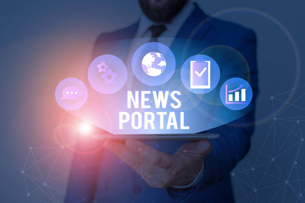 Haber Portal 'ını gösteren kavramsal el yazısı. Çeşitli kaynaklardan bilgi getiren iş fotoğrafı sergisi tasarımı web sitesi. - Fotoğraf, Görsel