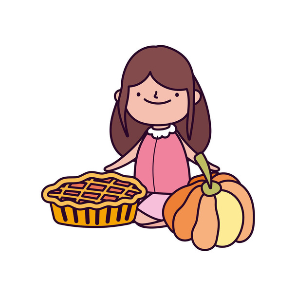 happy thanksgiving day cute little girl with sweet pie and pumpkin - Vektor, Bild
