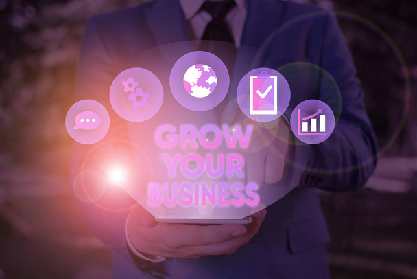Conceptual hand writing showing Grow Your Business. Business photo text Achieve higher profit Provide better return of investment. - Foto, imagen