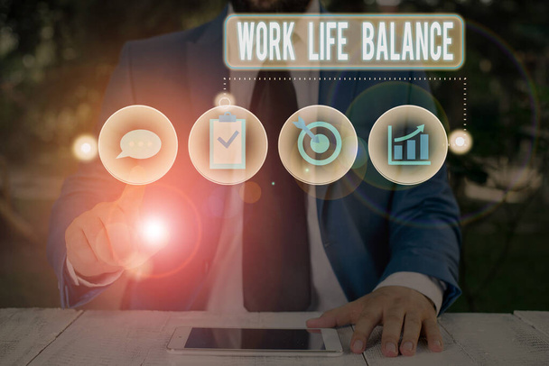 Text sign showing Work Life Balance. Conceptual photo Division of time between working or family and leisure. - Photo, Image