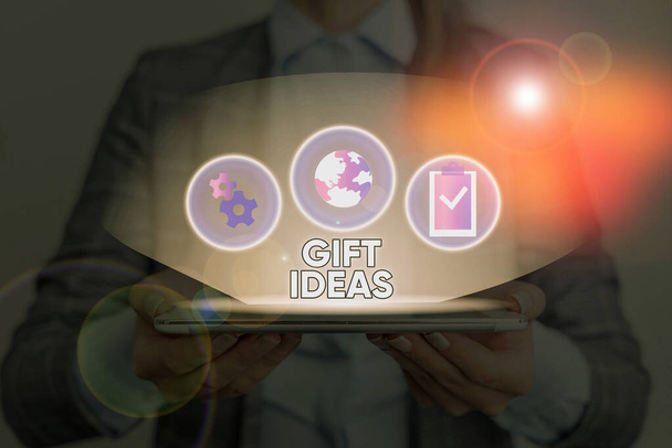 Text sign showing Gift Ideas. Conceptual photo a thought or suggestion for giving a present to someone. - Photo, Image
