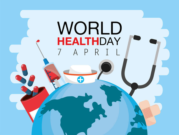 world health day with stethoscope and medicine - Vector, Image