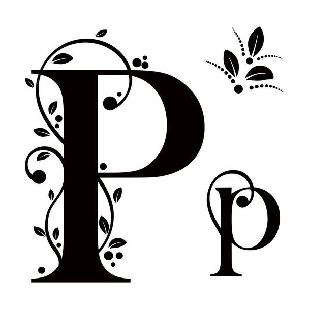 Decorated Alphabet with ornaments vintage vector, Letter P upper and lower case with leaves vector. Decoration vintage for invites card and other concept ideas. Illustration alphabet - Vector, imagen