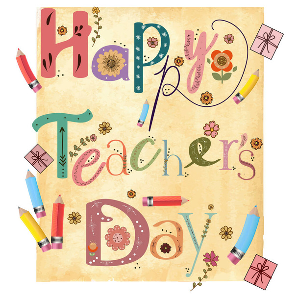 Happy TEACHER day with watercolor background texture. Teachers day design with decorate text. - Vector, Image
