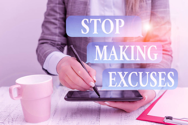 Writing note showing Stop Making Excuses. Business photo showcasing Cease Justifying your Inaction Break the Habit Business concept with mobile phone in the hand. - Photo, Image
