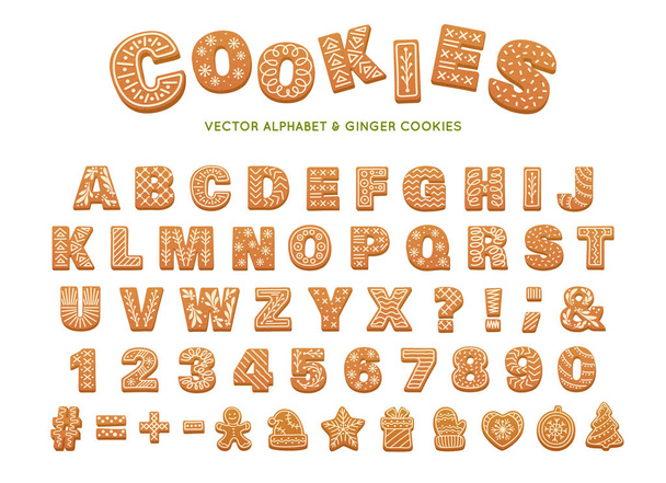 Gingerbread alphabet for decoration design. Christmas vector illustration. Sweet dessert. Winter holiday elements, ginger cookies - Vetor, Imagem