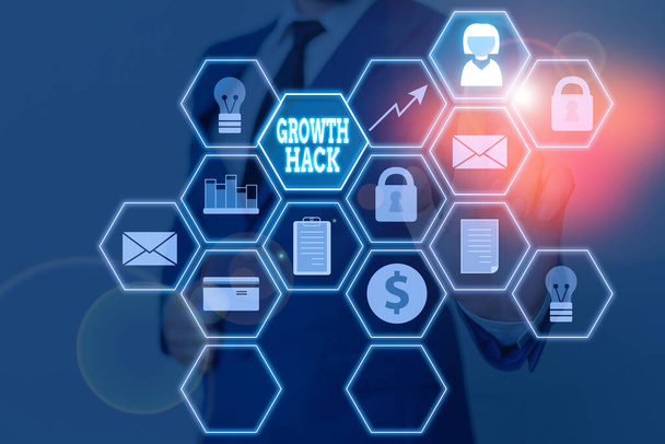 Rukopis text Růst Hack. Koncept znamená obecně získat co nejvíce analytických uživatelů nebo zákazníků. - Fotografie, Obrázek