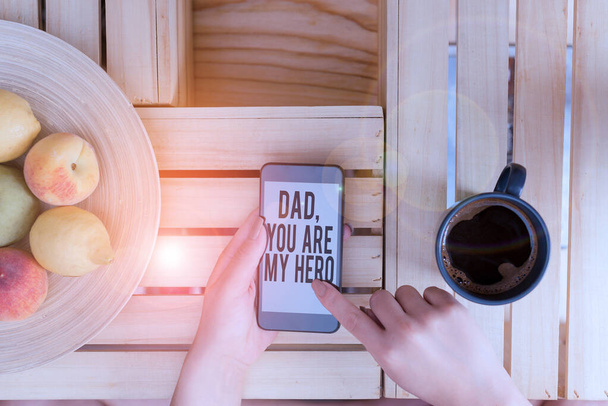 Writing note showing Dad You Are My Hero. Business photo showcasing Admiration for your father love feelings compliment woman with laptop smartphone and office supplies technology. - Photo, Image