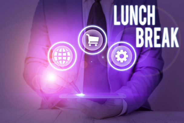 Conceptual hand writing showing Lunch Break. Business photo text time when a demonstrating stops working or studying to have lunch. - Photo, Image